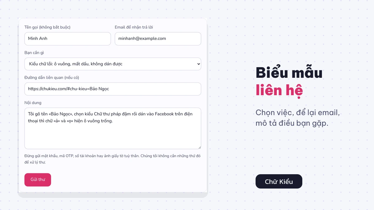 Biểu mẫu liên hệ Chữ Kiểu điền mẫu báo kiểu chữ lỗi mất dấu khi dán vào Facebook