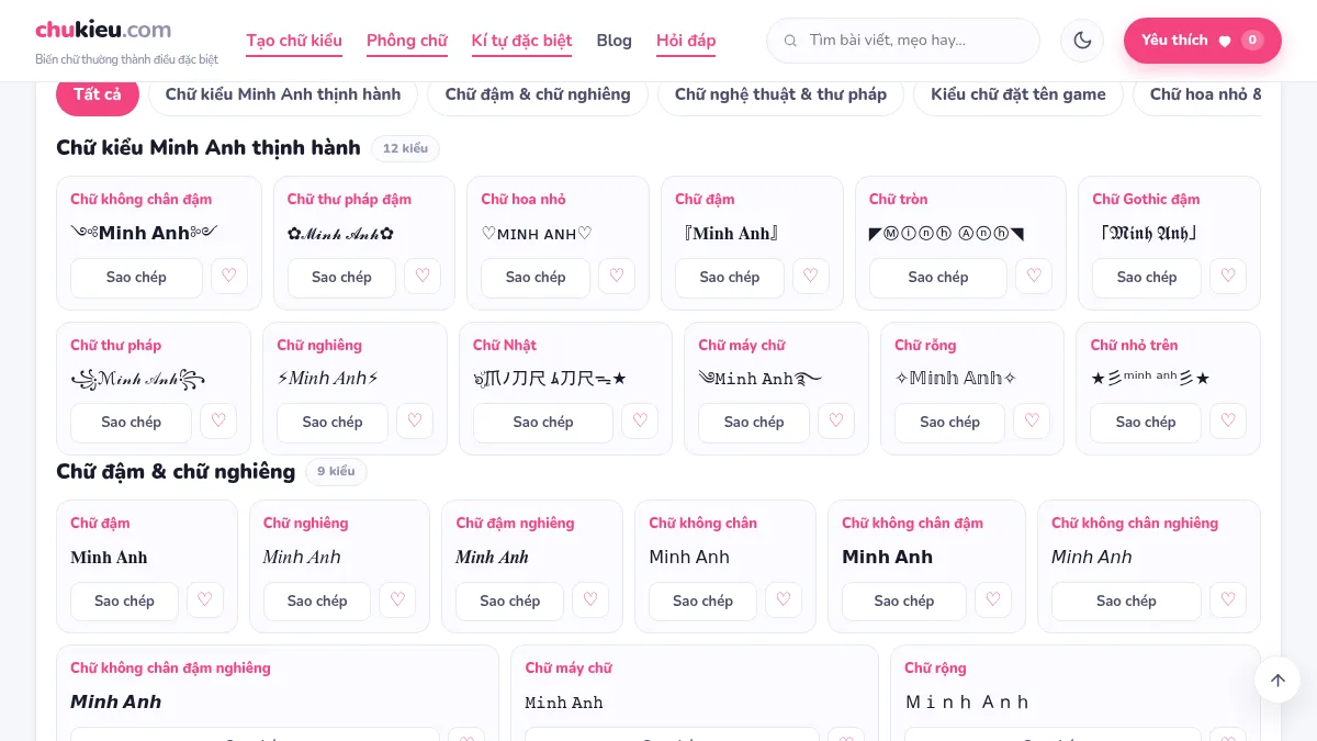 Kết quả chữ kiểu thật cho tên Minh Anh: chữ đậm, thư pháp, hoa nhỏ, Gothic kèm nút Sao chép