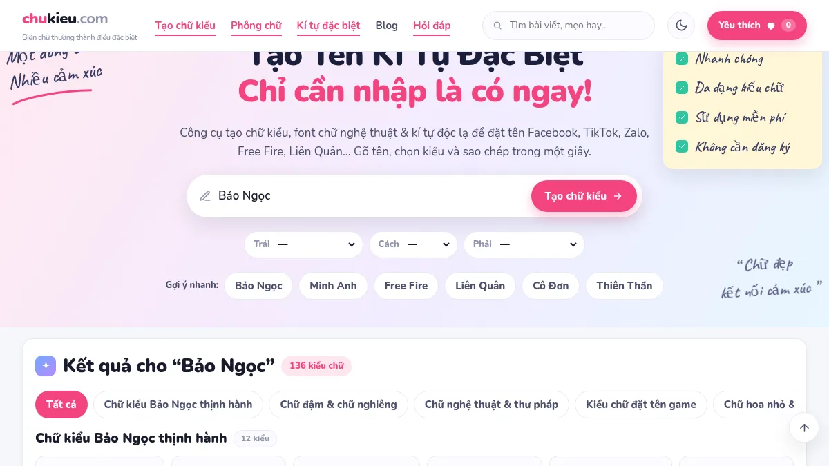 Máy đổi chữ kiểu của Chữ Kiểu với ô nhập tên Bảo Ngọc và bộ chọn kí tự trái, cách, phải