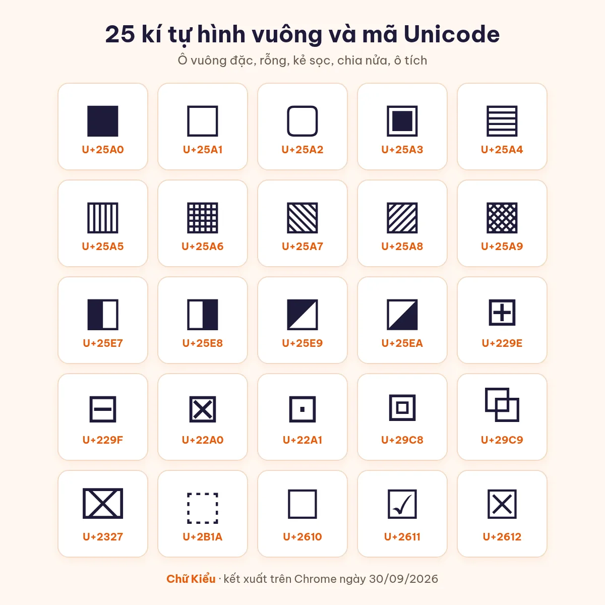 Bảng 25 kí tự hình vuông kèm mã Unicode: ô vuông đặc, rỗng, kẻ sọc, chia nửa, ô tích