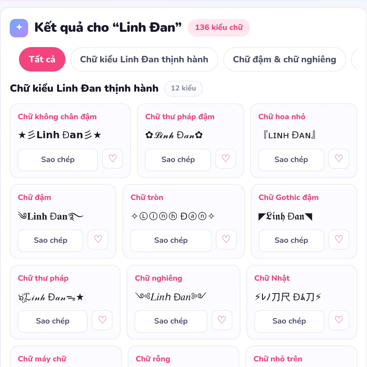 Kết quả máy đổi chữ Chữ Kiểu cho tên Linh Đan: chữ không chân đậm, thư pháp đậm, hoa nhỏ, chữ tròn kèm nút Sao chép