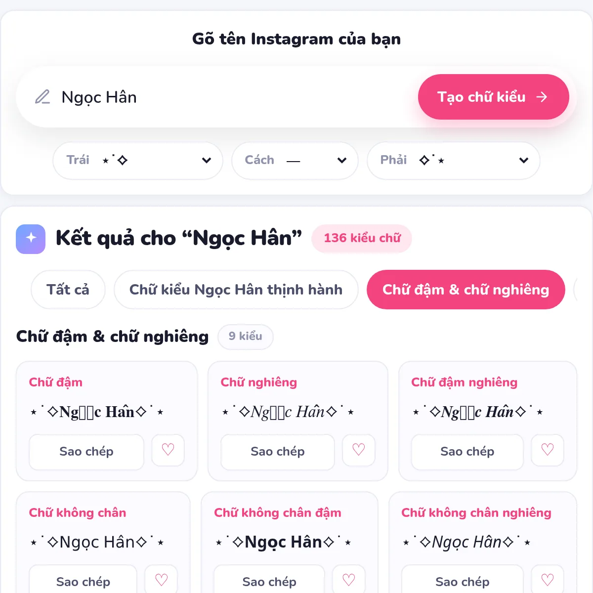 Máy đổi chữ tạo chữ kiểu Instagram cho tên Ngọc Hân: chữ đậm có chân ra ô vuông ở chữ ọ, chữ không chân giữ đủ dấu