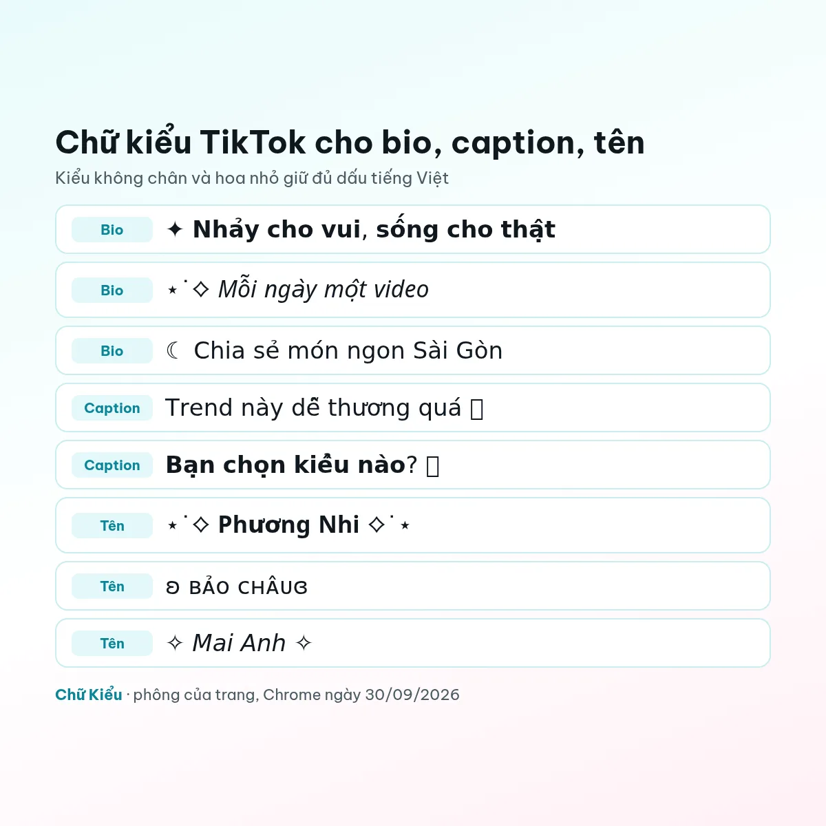 Mẫu chữ kiểu TikTok cho bio, caption và tên hiển thị bằng kiểu không chân, hoa nhỏ giữ dấu tiếng Việt