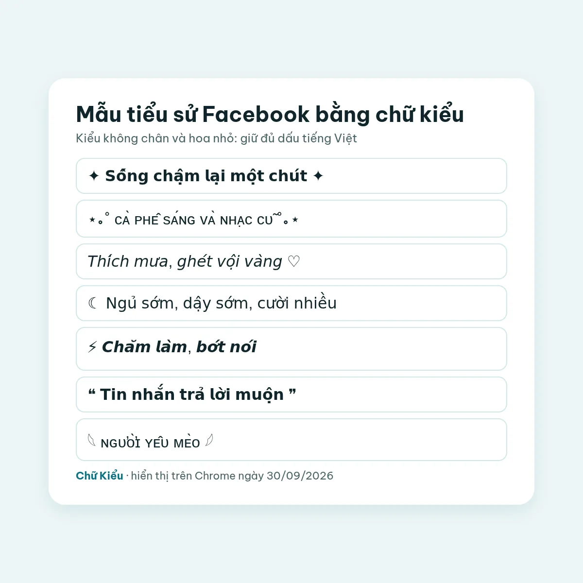 Mẫu tiểu sử Facebook bằng chữ kiểu không chân và hoa nhỏ giữ đủ dấu tiếng Việt