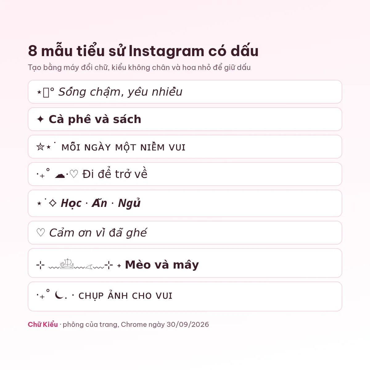 8 mẫu tiểu sử Instagram bằng chữ kiểu không chân và hoa nhỏ giữ dấu tiếng Việt