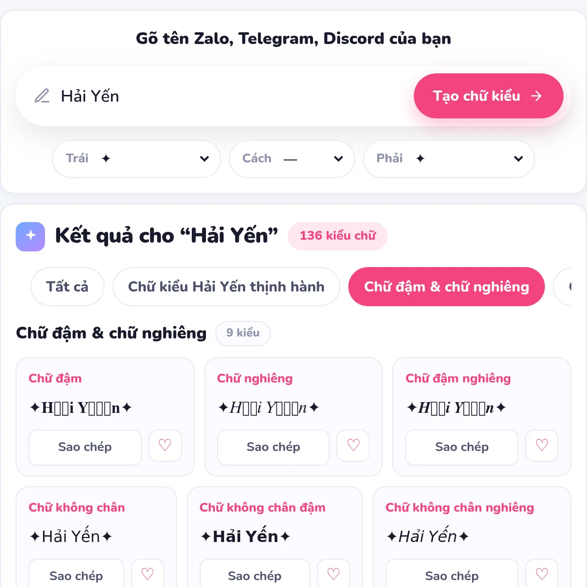 Máy đổi chữ Chữ Kiểu tạo tên Zalo Hải Yến kèm kí tự ✦ hai bên: chữ không chân đủ dấu, chữ đậm hiện ô vuông