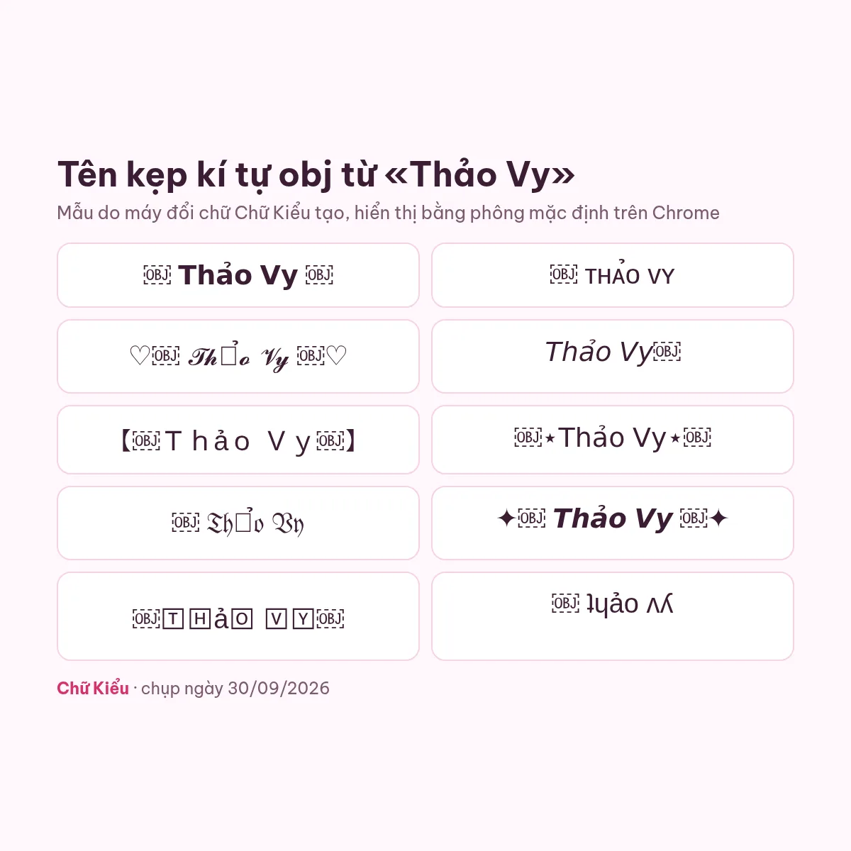 Mẫu tên kẹp kí tự obj từ tên Thảo Vy do máy đổi chữ tạo, hiển thị trên Chrome