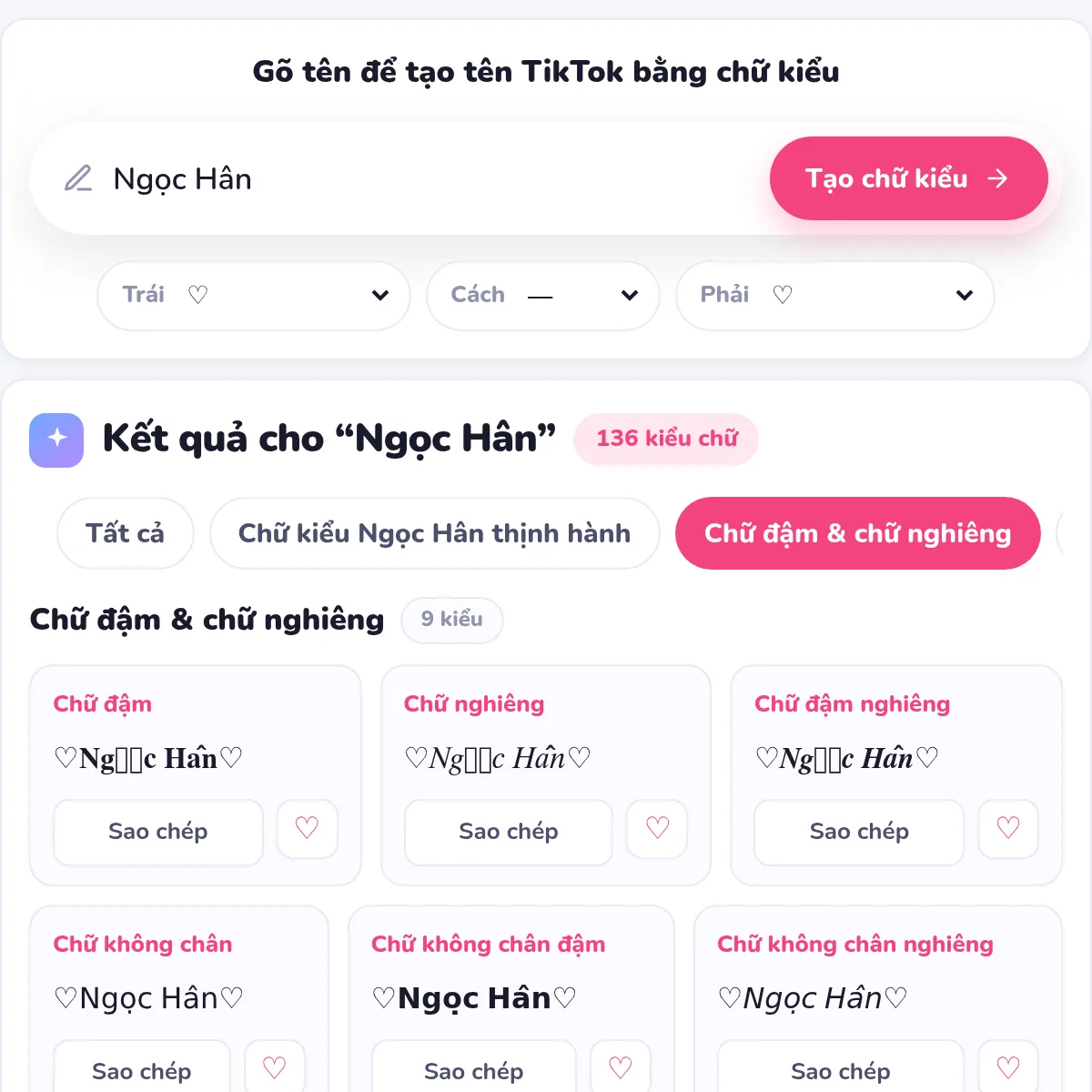 Máy đổi chữ tạo tên TikTok Ngọc Hân kẹp ♡: chữ đậm có chân ra ô vuông ở chữ ọ, chữ không chân giữ đủ dấu
